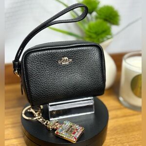 Coach Black Pebbled Leather Pouch Wristlet and Fashion Keychain NWT
